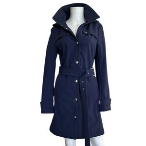 Tommy Hilfinger Trench Hooded‎ Coat Women Medium Blue Silver Buttons Easy Care